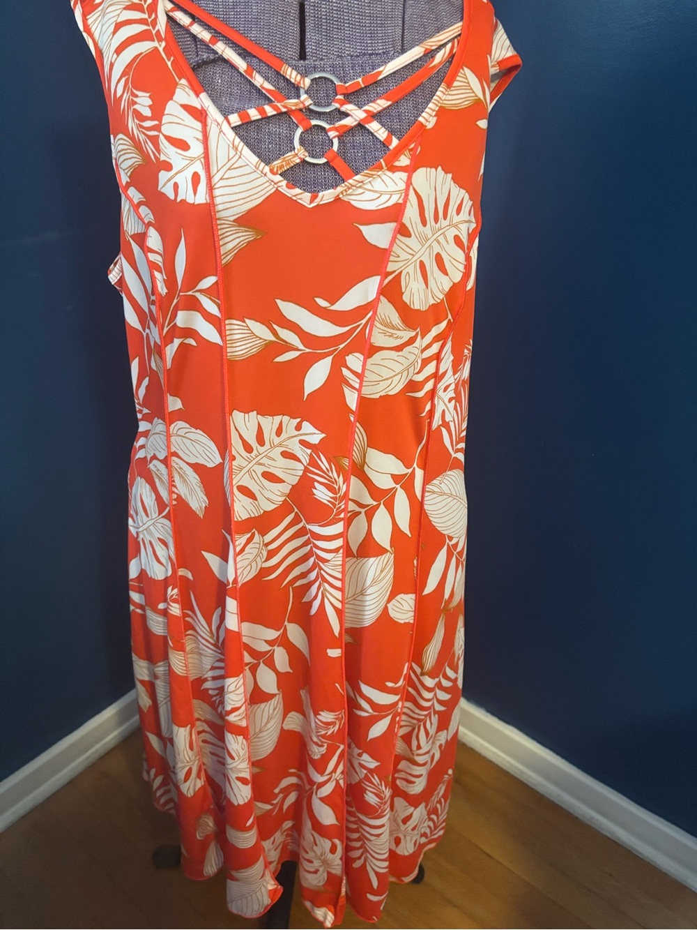 Sami & Jo Orange Tropical Print Dress with Strappy V-Front & Rings - orig $70